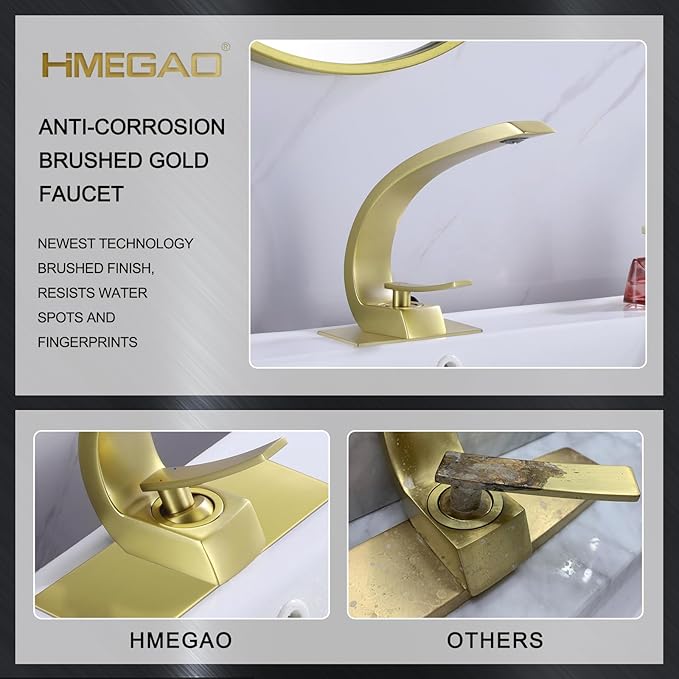 Brushed Gold Bathroom Faucet,Modern Single Hole Bathroom Sink Faucet,High Arc Brass Basin Mixer with 1 Hole or 3 Hole Mount 6-Inch 10-Inch Deckplate,Pop Up Overflow Drain Assembly Included