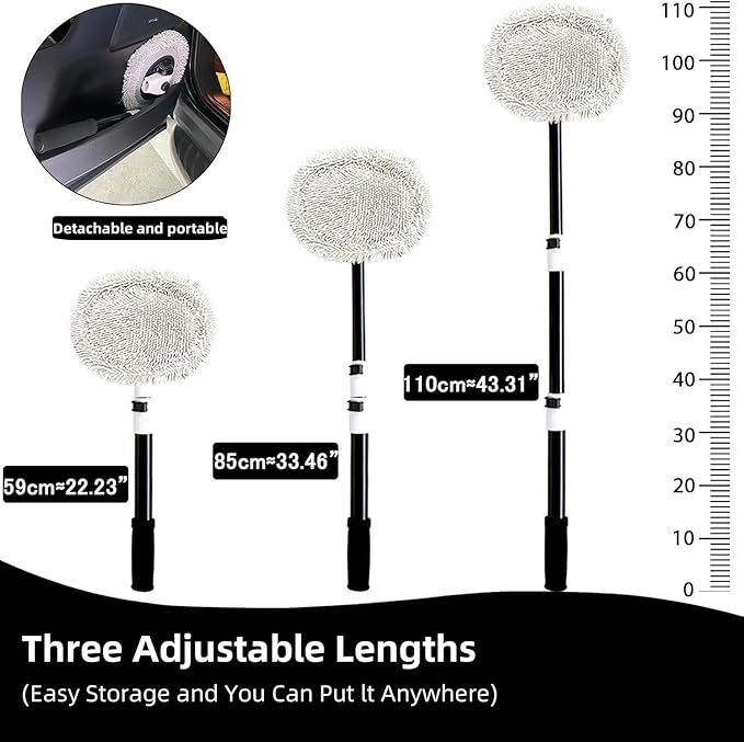 15° Curved Car Wash Brush with Long Handle 43" Microfiber Cleaning Mop Telescopic Extension Pole for Caravan RV Truck Auto SUV Wheel Boat Exterior 2 in1 Carwash Duster Scratch Free, White