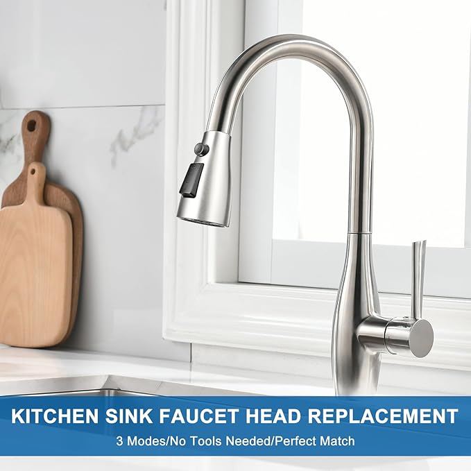 Kitchen Faucet Head Replacement, Premium 3 Function Pull Down Spray Head with 9 Adapters, Kitchen Sink Faucet Head Compatible with American Standard, Moen/Delta Faucets, Brushed Nickel