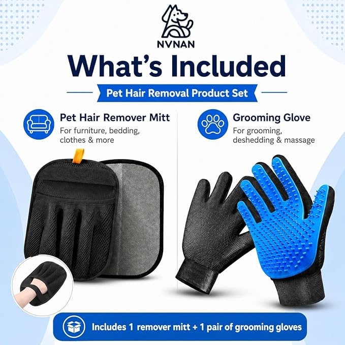 NVNAN 3 PCS Pet Hair Removal Glove and Pet Grooming Glove Kit for Cats & Dogs, Pet Hair Gloves & Dog Washing Gloves ,Reusable Magic Brush Pet Hair Remover Tool for Laundry,Carpet,Car Seat,Couch