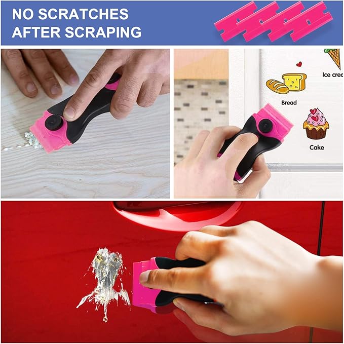 DEKEones Razor Blade Scraper, 2 Pack Double Edged Razor blade Scraper Tool with 30 Pcs Razor Blades, Glass Scraper for Windows, Decals, Tint, Stickers, Labels, Caulk, Adhesive(Pink)