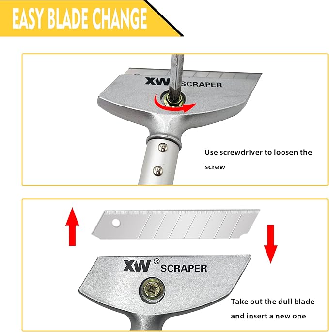 XW Razor Blade Scraper with Adjustable Handle, 23" Long Handle Heavy Duty Floor Scraper, Extra 10 PCS Blades Included