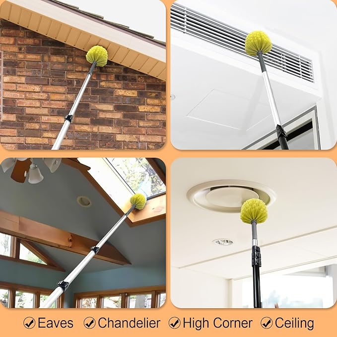 4-12ft Cobweb Duster with Extension Pole, 20 Foot High Reach Feather Dusters with Bristles for Cleaning Outdoor Indoor, 4-Stage Spider Web Remover with Telescopic Pole for Ceiling Wall Yellow