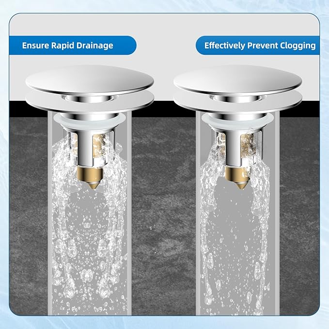 Universal Bathroom Sink Stopper, Metal Pop Up Sink Drain Strainer with Detachable Hair Catcher, Fits 1.1"-2.36" US Basin, Wash Basin Drain Plug with Big/Small Cover Cap, Brass Bounce Core, Chrome