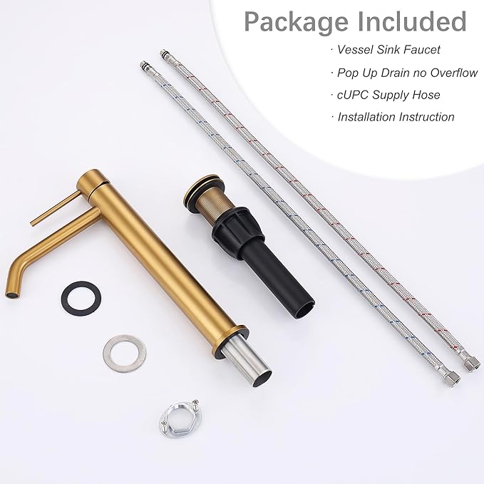 Brushed Brass Vessel Sink Faucet with Pop Up Drain and Supply Lines, Stainless Steel Brass Tall Bathroom Faucet Single Hole, JXMMP Gold Bathroom Faucet for Bowl Sink 1 Hole, JXM1001BTG