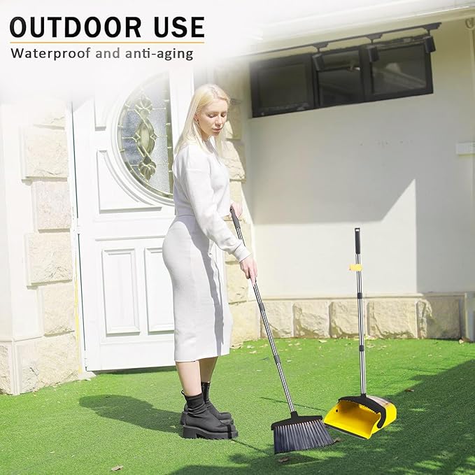 Upgraded Broom and Dustpan, with 52" Long Handle, Dustpan Teeth with self-Cleaning Function, Indoor and Outdoor Sweeping, Perfect for Home Office