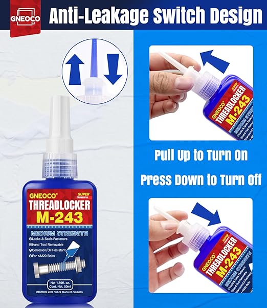 ThreadLocker Blue and Red, Thread Lock Medium High Strength Lock Tight for Nuts, Bolts, Fasteners and Metals, Anaerobic Curing Metal Glue to Prevent Loosening and Corrosion (M243 H271-100ml)