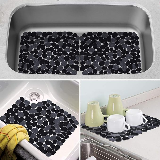 Yolife Pebble Kitchen Sink Mats, PVC Sink Protectors Mat for Bottom of stainless steel, Dish Drying Mats for Kitchen Counter (Black,2 Pack)
