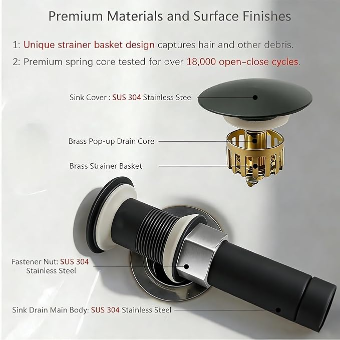 Bathroom Sink Drain, Without Overflow, Pop up Sink Drain Stopper with Strainer Plug for Vessel Sink Lavatory Vanity, SUS 304 Stainless Steel, Matte Black