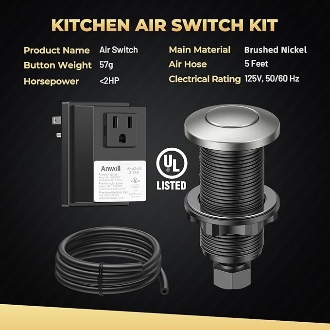 Garbage Disposal Air Switch Kit – UL Listed Professional Wireless Sink Top Button in Brushed Nickel, Compatible with Moen, Kohler, and Delta Faucets