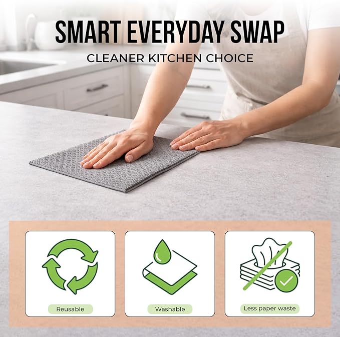 Swedish Dishcloths 12 Pack - Reusable Paper Towels for Kitchen, Absorbent Cellulose Sponge Cleaning Cloths, Washable Dish Rags, Quick Drying Kitchen Towels, Paper Towel Alternative by Organic Origin