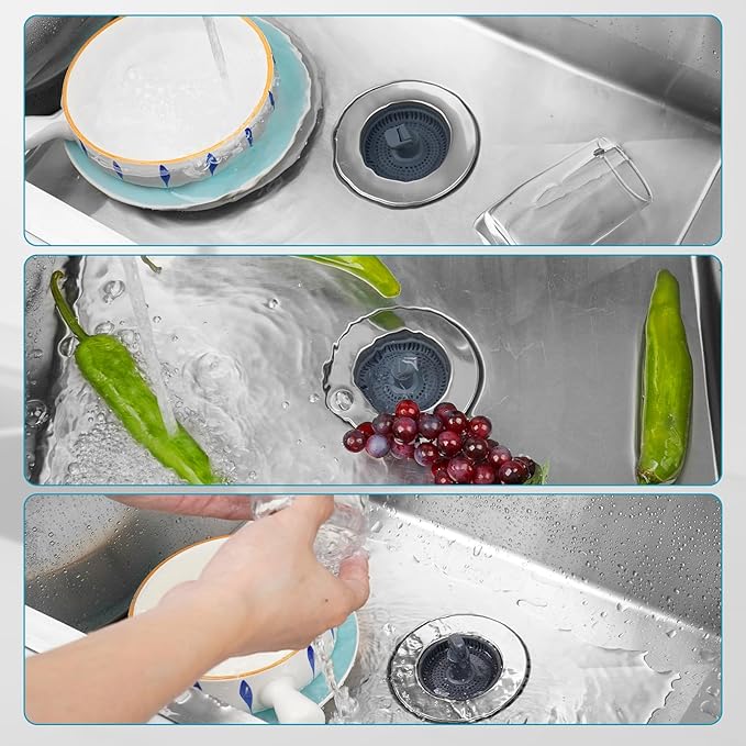 Hibbent 3 in 1 Kitchen Sink Drain Strainer, Stainless Steel Wrapped Shell Drain Stopper Combo, Pop Up Sink Stopper, Anti-Clogging Basket Strainer with Foldable Handle for US Standard 3-1/2" Drain