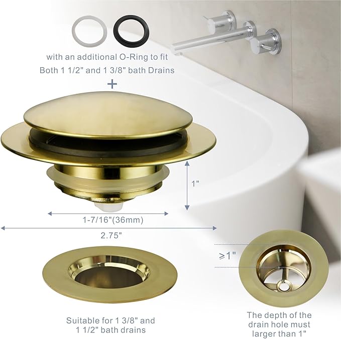Gold Brushed Tub Drain Stopper,Universal Pop Up Bath Drain Plug Bathtub Drain Stopper,Hidrop Conversion Kit Assembly,Replaces Lift and Turn,Tip-Toe Plug Stopper for Tub,EZ Install(Gold Brushed)