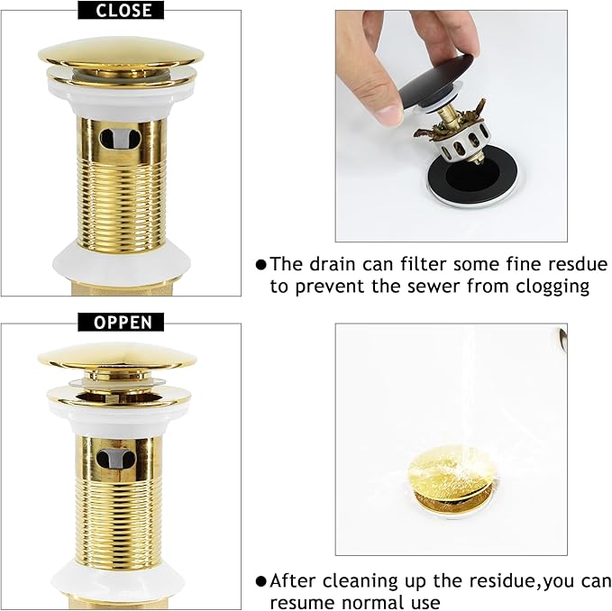 Bathroom Sink Drain, 2 Pack Gold Drain Stopper with Overflow,Pop Up Drain Assembly with Detachable Strainer Basket,Built-in Anti-Clogging Strainer,Stainless Steel