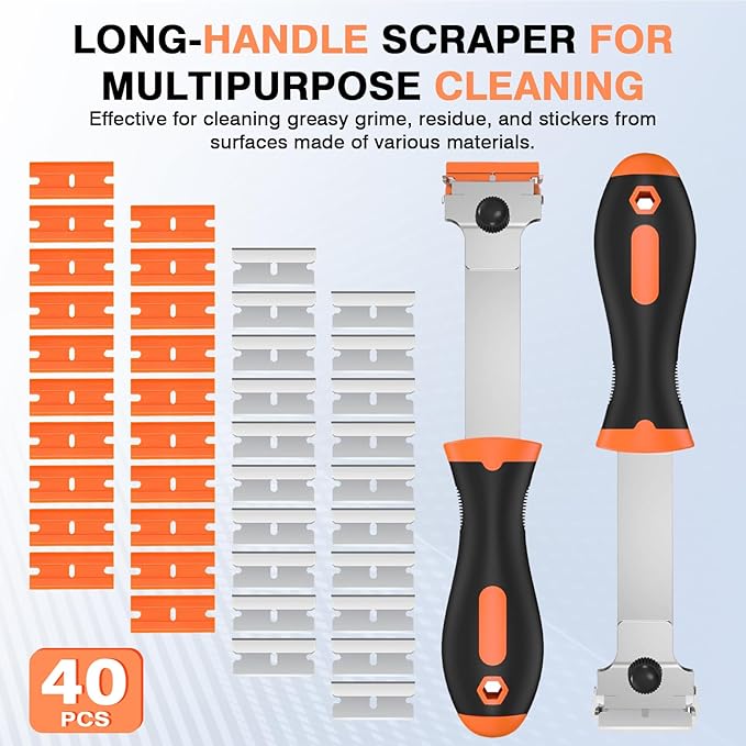 2 Pack Razor Blade Scraper Tool with 20 Metal & 20 Plastic Razor Blades, Multi-Purpose Long Handle Heavy Duty Scraper Tool for Cleaning Cooktop, Oven, Floor, Paint, Tile, and Window Glass