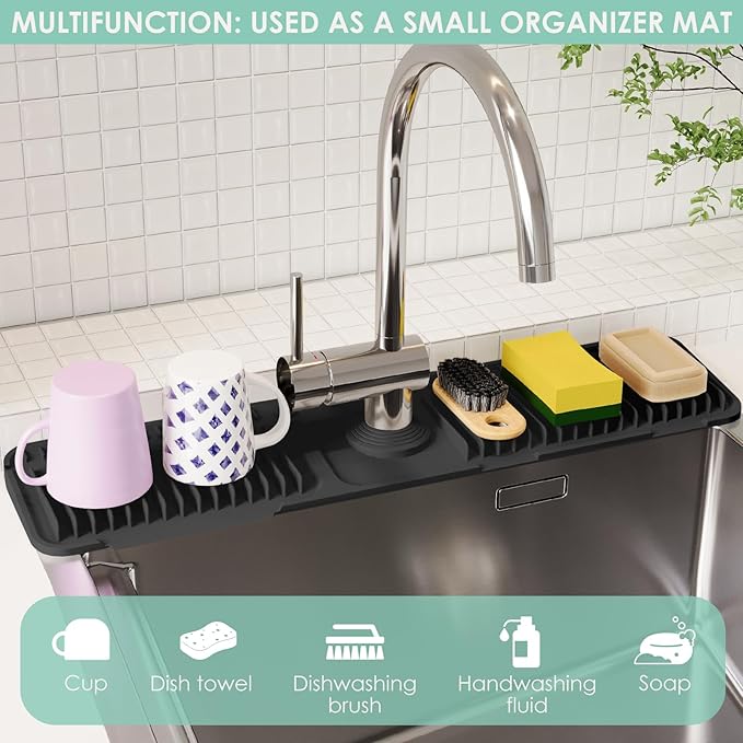 24 Inch Silicone Faucet Mat for Kitchen Sink Splash Guard - 7Β° Slope Water Draining Mat With Fasten Button for Bathroom Area (Black, 24''x5.5'')