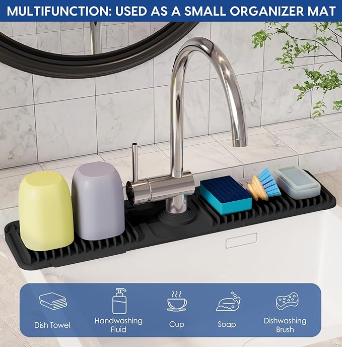 24 Inch Silicone Faucet Mat for Kitchen Sink Splash Guard - 7ยฐ Slope Upgraded Water Draining Mat with Fasten Button for Bathroom Area (Black, 24''x5.5'')