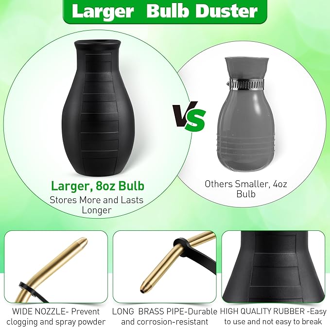 2 Pack Diatomaceous Earth Powder Duster, 8OZ Garden Powder Applicator Dispenser with Long Metal Tube, Bulb Duster Sprayer for Home Organic Gardening Agricultural Supply(Black)