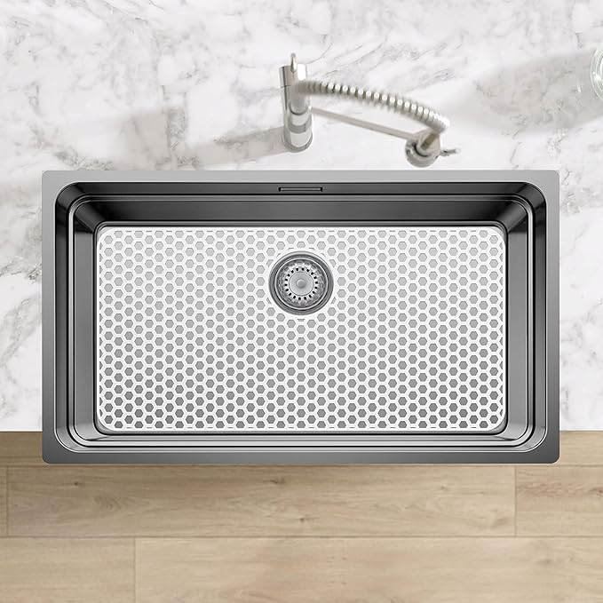 Silicone Sink Protectors for Kitchen Sink with Rear Drain - 28.3"x 15.7" Kitchen Protector Accessory, Non-Slip Heat Resistan Mat for Bottom of Farmhouse Stainless Steel Porcelain (White)
