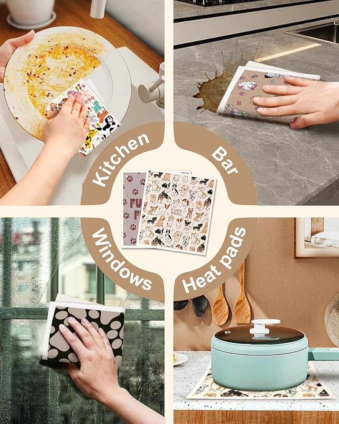 Miss Adola Kitchen Swedish Dishcloths with Hooks - 6 Pack Reusable Dish Cloths for Washing Dishes Fast Drying Cute Fun Swedish Dish Towels Washable Cleaning Sponge, Furry Dog