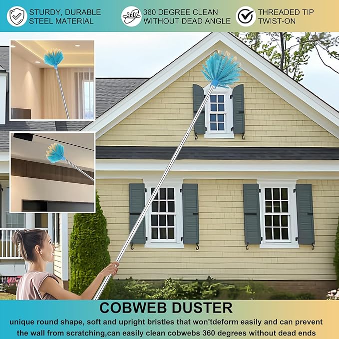 Cobweb Duster with Extension Pole,Medium Stiff Bristles Cobweb Duster Head ,Adjustable from 28 to 56 inches Long Duster for High Ceilings, Suitable for Ceilings, Walls, Indoor Outdoor Environments