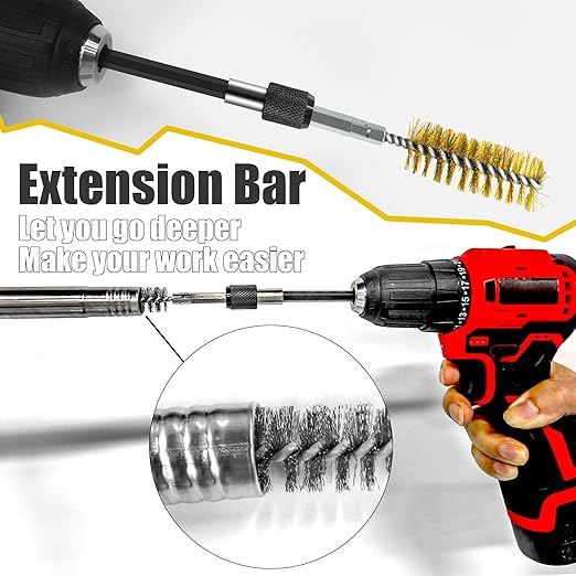 14-Piece Bore Brush Set - 304 Stainless Steel & Brass Drill Wire Bore Cleaning Brushes - 1/4" Hex Shank with Extension Bar for Power Drills, Impact Drivers, Grinders (8/10/12/15/17/19 mm)