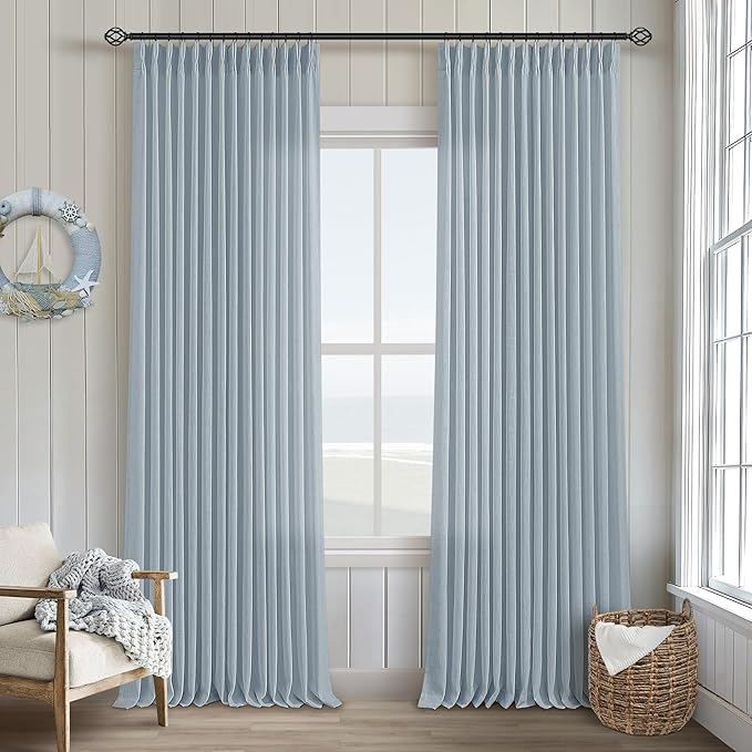 Light Blue Linen Curtains 102 Inches Long for Living Room Pinch Pleated Drape with Hooks Rings for Track System Light Filtering 102 Inch Curtain for Bedroom Sliding Patio Door 2 Panels Dusty Blue