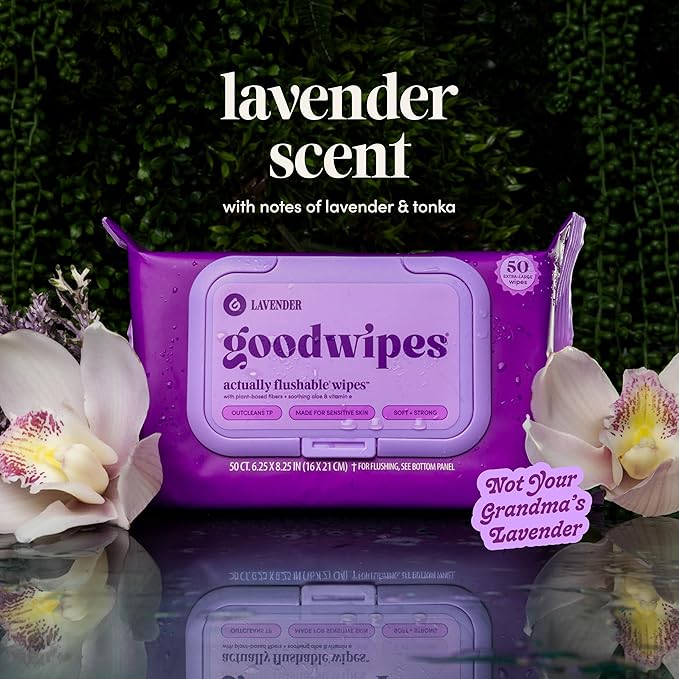 goodwipes Flushable Wipes - Lavender Wet Wipes for Adults, Sewer & Septic Safe, Guest Bathroom Essentials for Women & Men, pH Balanced & Extra Large, 153 Count (3 Packs and 3 Singles)