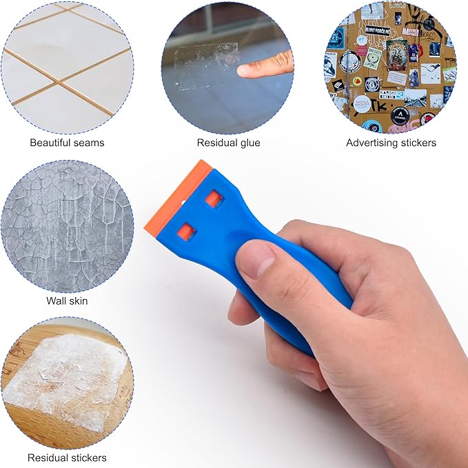 2 Pcs Plastic Razor Blade Scraper and 12 Pcs Blades, Remove Label Decal Tool,Forwithout Scratches Plastic Razor Blade Scraper, Adhesive Remover for Kitchen Appliances,Stickers and Paints on Window