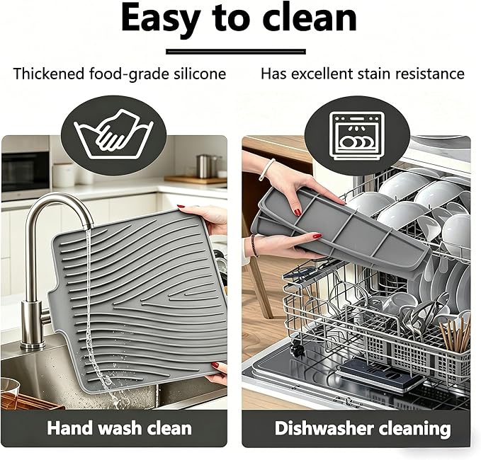 Silicone Dish Drying Mat,Dish Drying Pad,Kitchen Accessories,with Built-In and Non-Slip Drain,Easy Clean, Fit for Kitchen, Bar, RV, Refrigerator and Drawer Liner, 19.7 * 17 in Grey 1PCS by EBIGIC