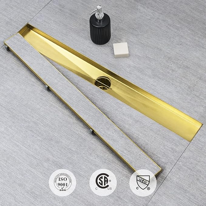 SaniteModar Linear Shower Drain, Gold Shower Drain 30 inch with Invisible 2 in 1 Tile Insert Panel, 304 Stainless Steel Brushed Gold Shower Drain with Hair Strainer and Leveling Feet