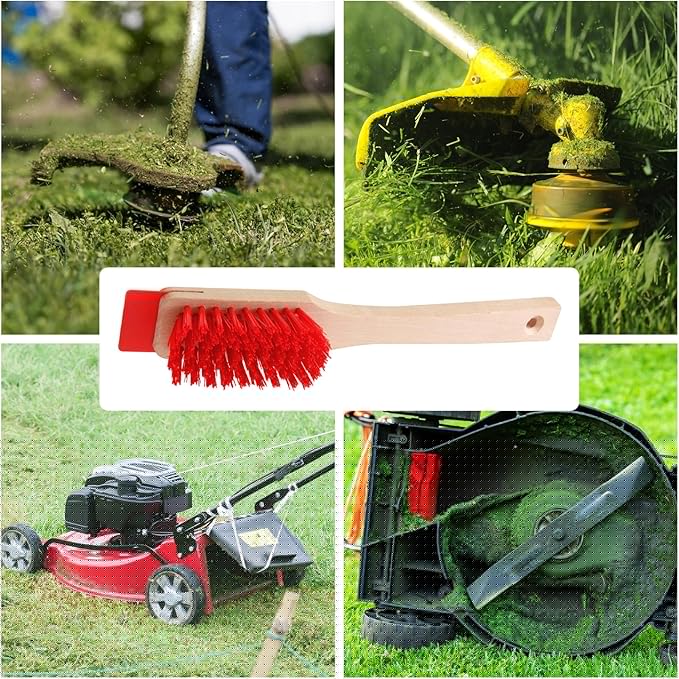 KIBBEH Heavy Duty Stiff Bristle Brush with Wood Handle and Scraper, Multi-Surface Outdoor Cleaning Tool for Patio, Deck, Lawn Mower, Gardening and Tough Grime (Red)