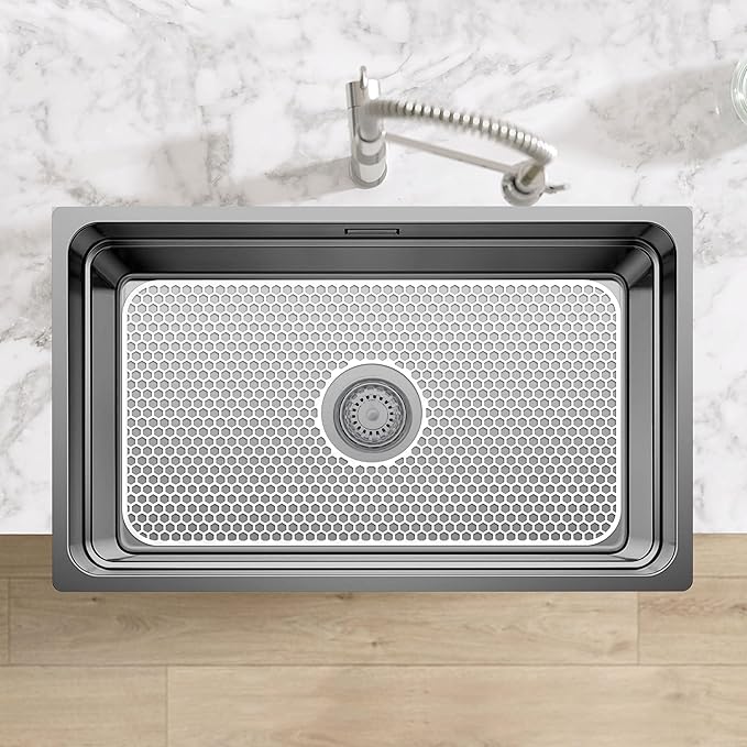 Silicone Sink Protectors for Kitchen Sink - 26"x 14" Kitchen Protector Accessory, Non-Slip Heat Resistan Mat for Bottom of Farmhouse Stainless Steel Porcelain (Center Drain Hole,White)