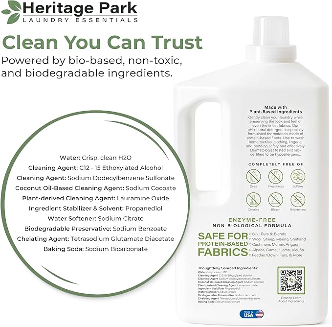 Heritage Park Silk & Wool Fragrance Free, Hypoallergenic, pH-Neutral Laundry Detergent - Dermatologist-tested, Sensitive Skin-Friendly, Enzyme-Free, Concentrated Up to 128 loads (64 fl oz)