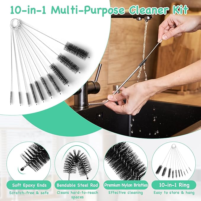 18PCS Drain Clog Remover Tool Set – 59” Drain Snake (2), Snake Drain Hair Removal Tool, 25” Plumbing Snake (4), 24” Sink Snake (1), 18” Sink Drain Cleaner Tool (1), Straw Cleaning Brushes (10)