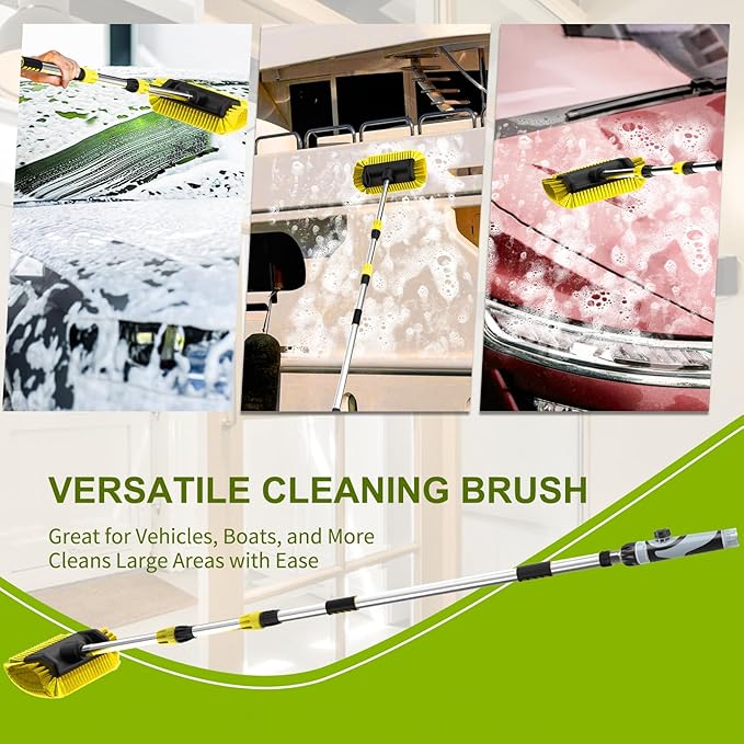 12FT Car Wash Brush with Long Handle, Telescopic Car Wash Brush with Soap Dispenser, 12-Inch Soft Bristle Car Cleaning Brush for Cleaning Car, RV, Truck, Boat, Solar Panels, Yellow