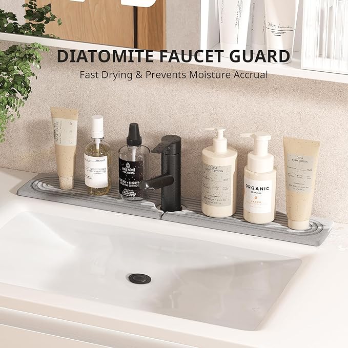 Quick Dry Sink Splash Guard - 23.6" Extended Diatomaceous Earth Faucet Mat - Instant Dry Stone Tray for Kitchen & Bathroom Countertops - Gray