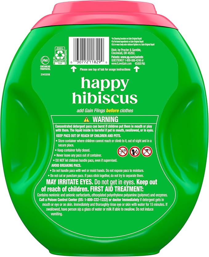 Gain Plus Flings Liquid Washing Detergent Pods, Gain's Best Clean, All-In-One, Happy Hibiscus Scent Laundry Pacs, 45 Count (Packaging May Vary)