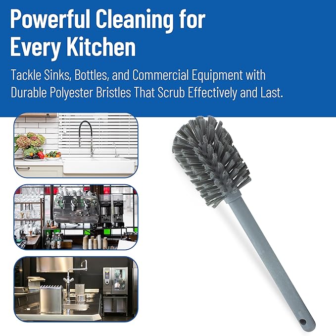 SPARTA Large Water Bottle Brush Ideal for Wide-Mouth Jars, Bottles and Tumblers, Dishwashing Tool with Handle for Home and Commercial Kitchens, Plastic, 12 Inches, Gray, (Pack of 6)
