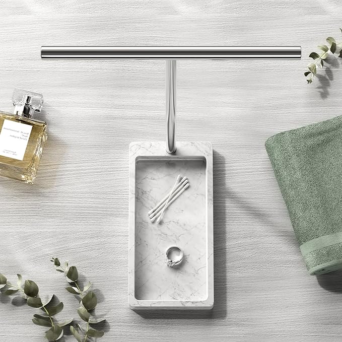 Volnamal Hand Towel Holder for Bathroom, 2-in-1 T-Shape Towel Stand with Countertop Tray, Hand Towel Rack Standing for Counter Top, Vanity, Kitchen, Heavy Non-Tipping Holder - Silver