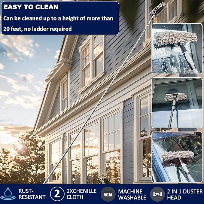 4 Pack 20+ Feet High Reach Dusting Kit with 3-14 ft Spliceable Pole //2 in 1 Window Cleaning Kit // High Ceiling Duster // Cobweb Microfiber Duster // Ceiling Fan Duster Cleaning Kit for Home Clean