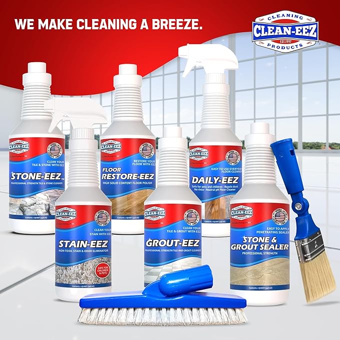 STONE-EEZ 2 Bottles + Free Grout Brush | Heavy Duty Natural Stone Cleaner for Stains & Deep Cleaning | Safe for Travertine, Marble, Granite & Other Natrual Stone | Easily Removes Dirt, Grime, Grease.