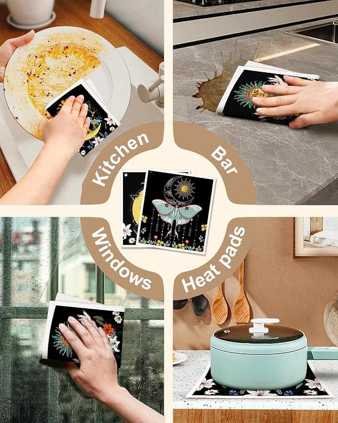 Miss Adola Kitchen Swedish Dishcloths with Hooks - 6 Pack Reusable Dish Cloths for Washing Dishes Fast Drying Cute Fun Swedish Dish Towels Washable Cleaning Sponge, Sun Moon Butterfly