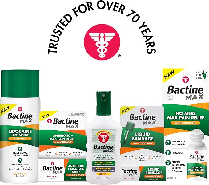 Bactine MAX Liquid Bandage with Lidocaine, Wound Cleaning Solution That Kills 99% of Germs, Covers and Protects Skin, Fast-Drying Protective Seal, 0.30 fl oz