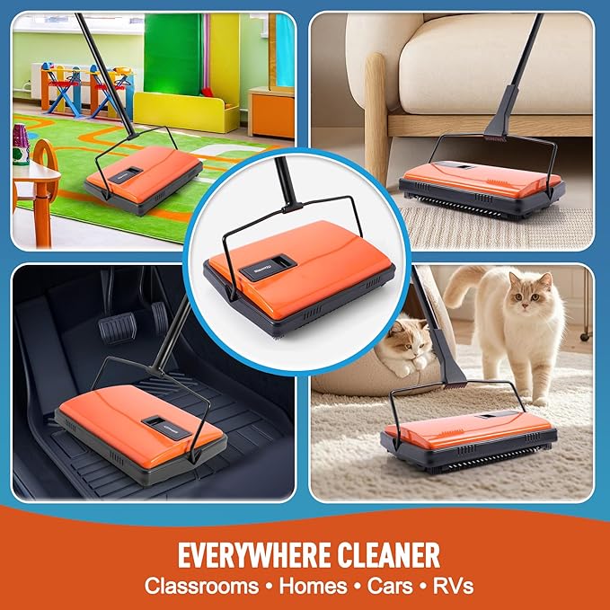 CLEANHOME Manual Carpet Sweeper for Pet Hair - Rotating Brush Floor Sweeper, Lightweight Push Broom for Classroom Rugs, Non-Electric Lint & Crumb Cleaner, Easy-Dump Dustbin, No Batteries Needed