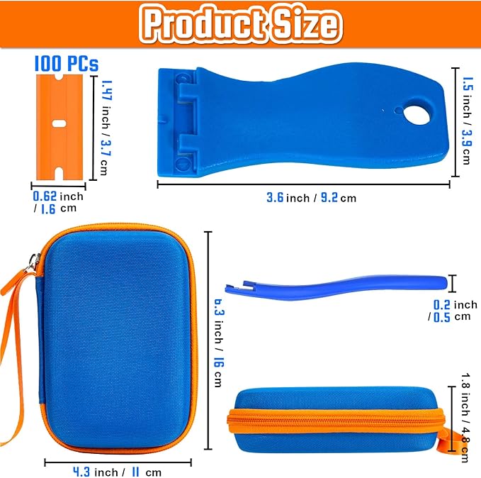Plastic Razor Blade Scraper, 2PCS Scraper Tool with 100PCS Plastic Blades Carry Case, Cleaning Scrapers Remover Storage for Stickers, Decals, Adhesive, Labels, Paint, Glass, Car, Window, Caulk