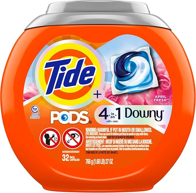 Tide PODS Laundry Detergent Soap with Downy 4-in-1 Stain Remover Freshness Softness Detergent pacs, April Fresh Scent, 32 Count