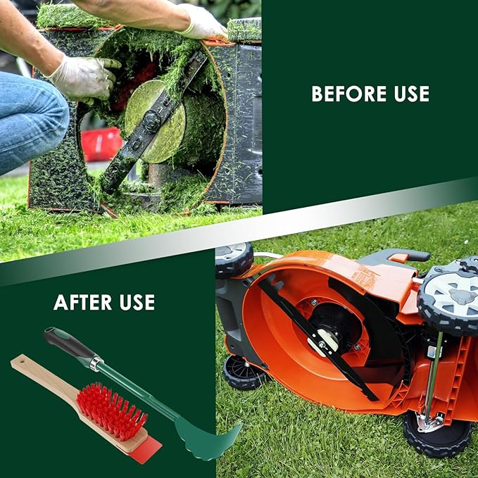 2 PCS Mower Deck Scraper with Ergonomic Long Handle, Lawn Mower Deck Cleaner Tool with Stiff Bristle Brush, Lawn Mower Maintenance Deck Scraper Cleaning Tool for Gardening