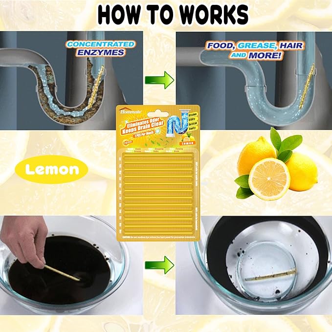 Drain Cleaner Sticks Enzyme Drain Stick Lemon Scent Pipe Cleaning Drains Stix Odor Remover Prevent Clogged Drains