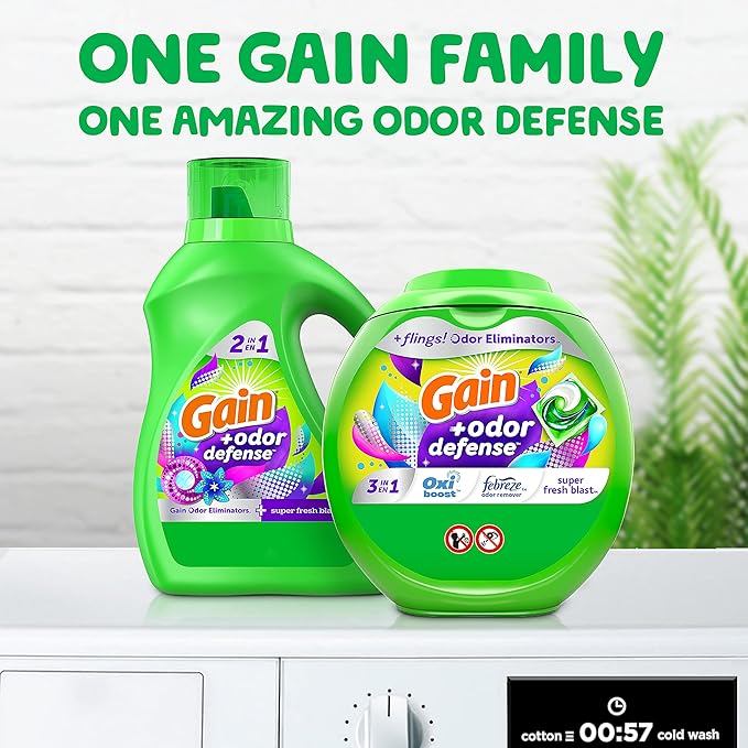 Gain Flings Laundry Detergent Pacs with Odor Defense, 76 Count, Super Fresh Blast Scent, HE 3in1 Detergent Pacs with Febreze and Oxi